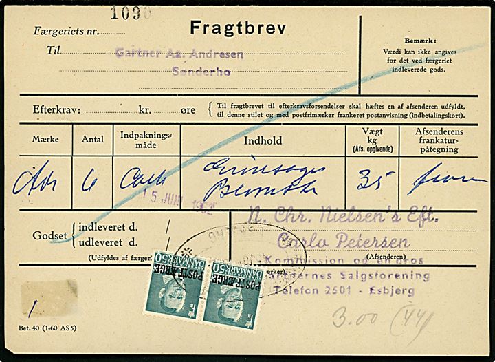 50 øre Fr. IX (par) Postfærgemærke på fragtbrev fra Esbjerg d. 15.6.1962 til Sønderho, Fanø.