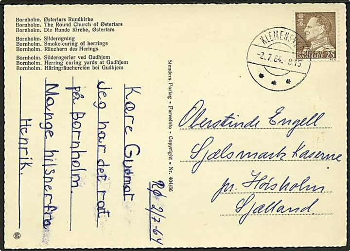 25 øre Fr. IX på brevkort annulleret med brotype IId stempel Klemensker d. 2.7.1964 til Hørsholm.
