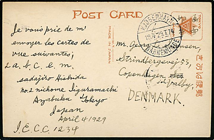 6 sn. på billedside af brevkort fra Tokyo d. 4.4.1929 til København, Danmark. Transit stemplet Kjøbenhavn - Warnemünde T.74 d. 18.4.1929.