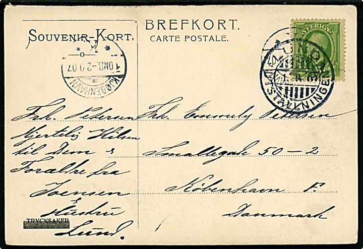5 öre Oscar II på brevkort annulleret med særstempel Lund Utställningen d. 1.9.1907 til København, Danmark.