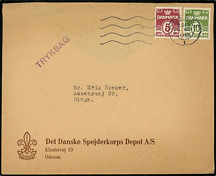 5 øre og 10 øre Bølgelinie på fortrykt kuvert fra Det danske Spejderkorps Depot A/S sendt som tryksag fra Odense d. 9.11.1955 til Ringe. Bagklap mgl.