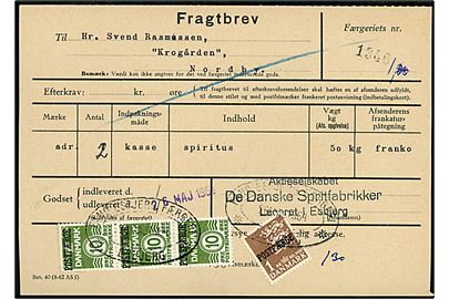 10 øre Bølgelinie (3) og 1 kr. Rigsvåben Postfærgemærke på fragtbrev fra Esbjerg d. 26.5.1964 til Nordby, Fanø.