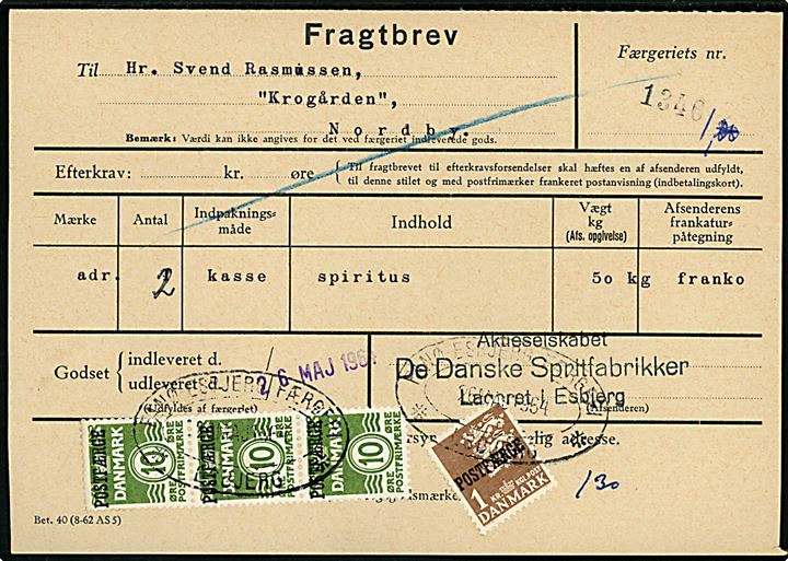 10 øre Bølgelinie (3) og 1 kr. Rigsvåben Postfærgemærke på fragtbrev fra Esbjerg d. 26.5.1964 til Nordby, Fanø.