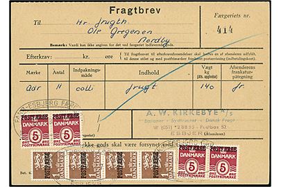 5 øre Bølgelinie (4) og 1 kr. Rigsvåben (4) Postfærgemærke på fragtbrev fra Esbjerg d. 10.2.1967 til Nordby, Fanø.