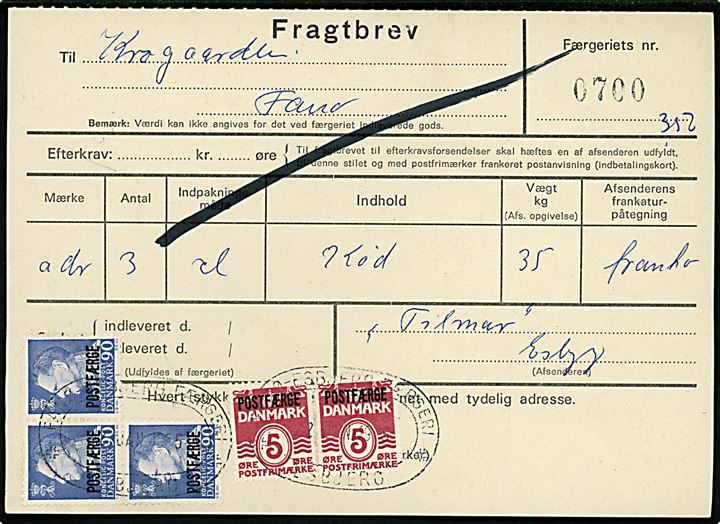 5 øre Bølgelinie (2) og 90 øre Fr. IX (3) Postfærgemærke på fragtbrev fra Esbjerg d. 22.1.1975 til Fanø.