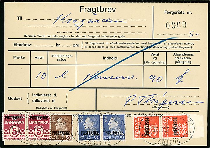 5 øre (2) Bølgelinie, 50 øre, 90 øre (2) Fr. IX og 2 kr. Rigsvåben (2) Postfærgemærke på fragtbrev fra Esbjerg d. 30.12.1974 til Fanø.