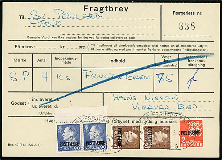 50 øre (2), 90 øre (2) Fr. IX og 2 kr. Rigsvåben Postfærge på fragtbrev fra Esbjerg d. 23.9.1974 til Fanø.