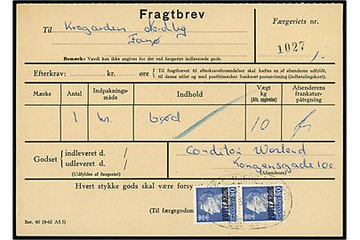 80 øre Fr. IX Postfærgemærke i parstykke på fragtbrev fra Esbjerg d. 20.9.1967 til Nordby, Fanø.