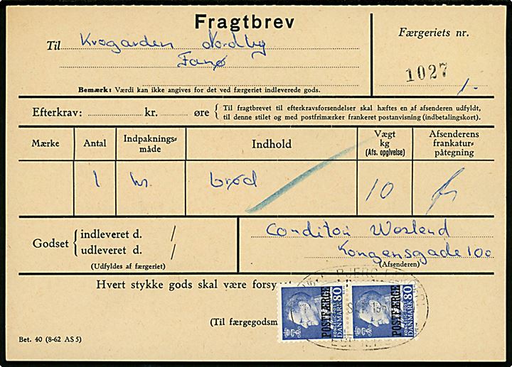 80 øre Fr. IX Postfærgemærke i parstykke på fragtbrev fra Esbjerg d. 20.9.1967 til Nordby, Fanø.