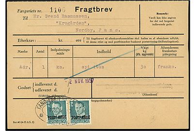 50 øre Fr. IX Postfærgemærke i parstykke på fragtbrev fra Esbjerg d. 2.11.1957 til Nordby, Fanø.