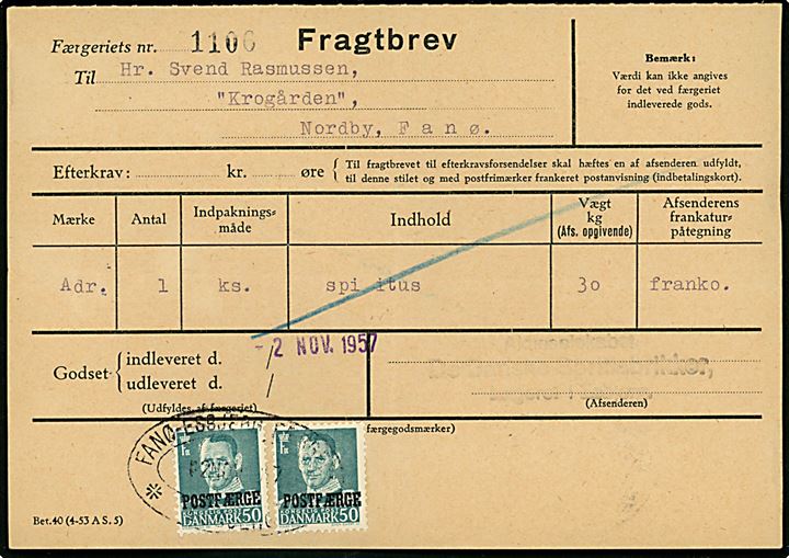50 øre Fr. IX Postfærgemærke i parstykke på fragtbrev fra Esbjerg d. 2.11.1957 til Nordby, Fanø.