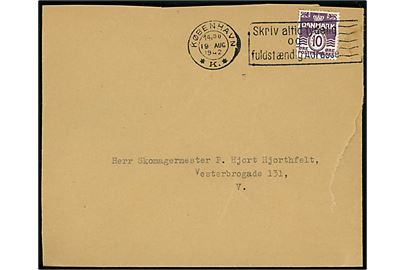10 øre Bølgelinie med perfin V på lokalbrev fra Direktoratet for Vareforsyning stemplet København d. 19.8.1942. Rift.