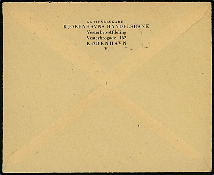 10 øre Chr. X med perfin K.H. på rudekuvert fra Kjøbenhavns Handelsbank sendt lokalt i København d. 16.3.1944.