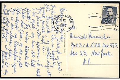 55 øre Olav single på brevkort fra Kristiansund N. d. 28.12.1962 til dansk arbejder på Thule Basen, Grønland - adresseret via amerikansk feltpostadresse APO 23, New York, USA.