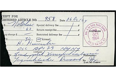 Amerikansk postkvittering for afsendelse af anbefalet brev fra Thule Air Base til Løgumkloster med violet feltpoststempel Army & Air Force Postal Service APO 23 New York, N.Y. d. 26.10.1964.