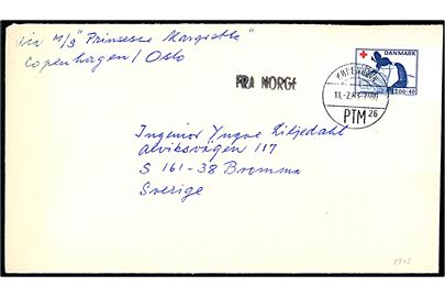 200+40 øre Røde Kors på skibsbrev afsendt ombord på M/S Prinsesse Margrethe annulleret København PTM d. 11.2.1983 og sidestemplet Fra Norge til Bromma, Sverige.