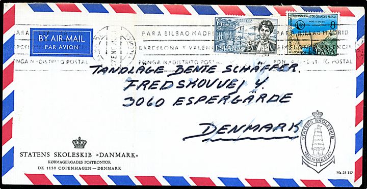 Spansk 6 pts. og 8 pts. på aflang fortrykt kuvert fra Statens Skoleskib Danmark stemplet Palma de Mallorca d. 27.1.1975 til Espergærde, Danmark. Fold.