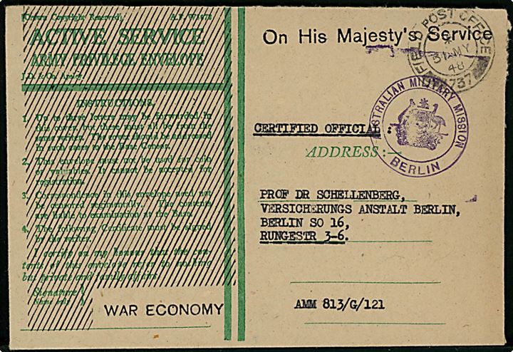 Ufrankeret lokal O.H.M.S. tjenestekuvert fra Australian Military Mission Berlin med britisk feltpoststempel Field Post Office 373 (= APO E560 i Berlin) d. 31.5.1948 til Berlin.