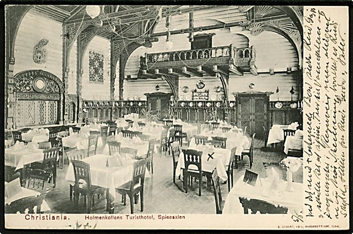 Christiania. Spisesalen på Holmenkollens Turisthotel. S. Hubert 1904. 
