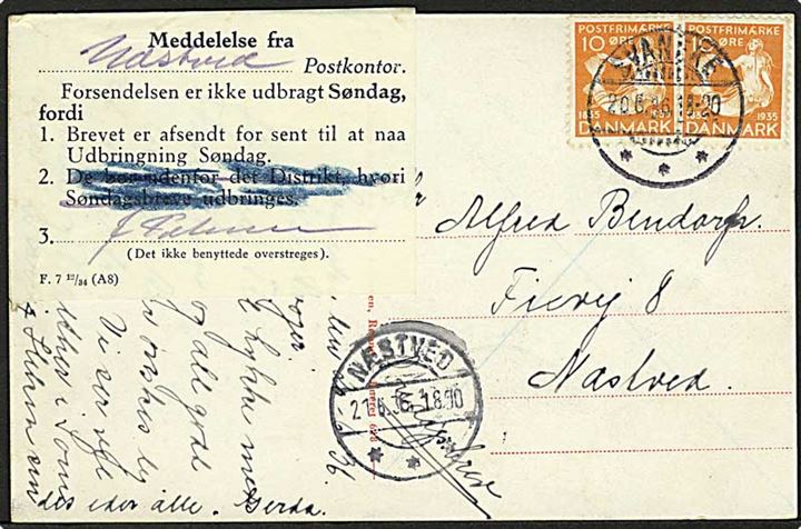 10 øre H.C.Andersen i parstykke på søndagsbrevkort annulleret med brotype Ic stempel Svaneke d. 20.6.1936 til Næstved. Påsat meddelelse fra Næstved postkontor F7 12/34 (A8) vedr. for sen afsendelse til udbringning søndag.