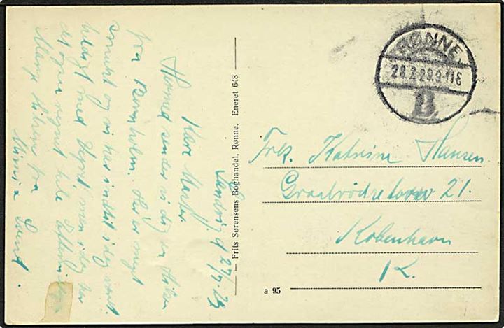Ufrankeret brevkort med brotype Vb stempel Rønne B. d. 28.2.1929 til København. Ikke udtakseret i porto.