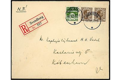 10 øre Bølgelinie og 20 øre Chr. X i parstykke på anbefalet brev fra Svendborg d. 10.3.1926 til København.