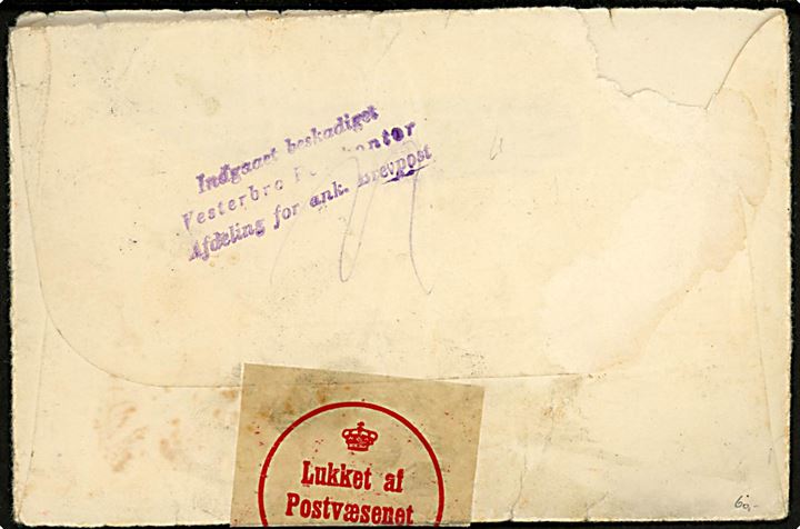 5 øre Bølgelinie (3) på brev annulleret brotype IIc Pedersker d. 22.6.1932 til København. Lukket med etiket A.61 5/25 Lukket af Postvæsenet og på bagsiden stemplet: Indgaaet beskadiget Vesterbro Postkontor Afdeling for ank. Brevpost.