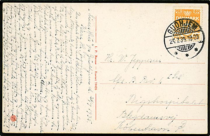 10 øre Bølgelinie på brevkort annulleret brotype Ic Gudhjem d. 24.7.1935 til København.