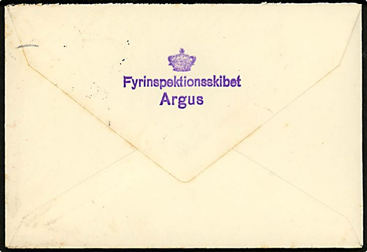 10 øre H. C. Andersen og 15 øre Karavel på søndagsbrev fra Frederikshavn d. 7.12.1935 til Hellerup. På bagsiden afs.-stempel: (krone) Fyrinspektionsskibet Argus.