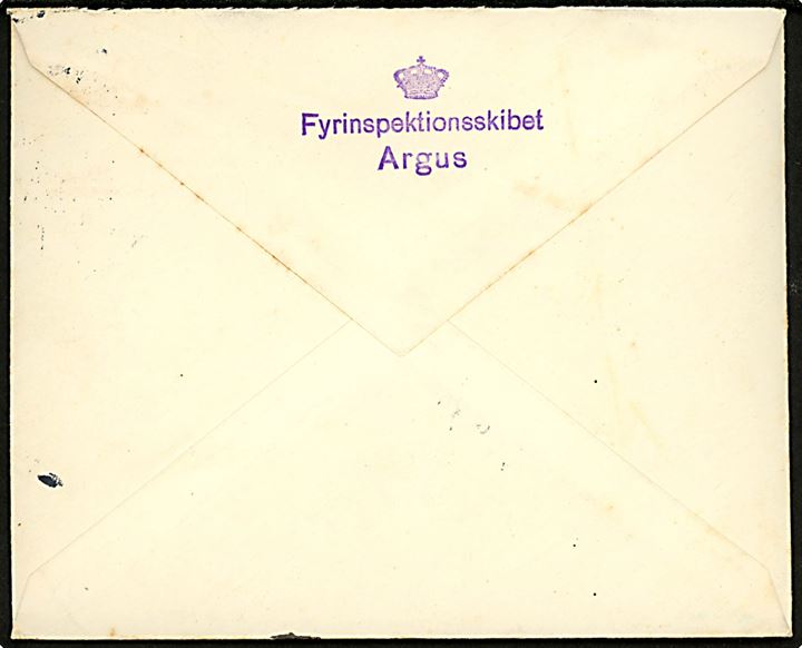 10 øre Bølgelinie og 15 øre Karavel på søndagsbrev fra Aarhus d. 148.5.1935 til Hellerup. På bagsiden afs.-stempel: (krone)/Fyrinspektionsskibet Argus. 