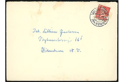 25 øre Fr. IX på brev fra soldat ved 17/2 Kompagni annulleret med pr.-stempel Almegaardslejren pr. Rønne d. 30.9.1950 til København.