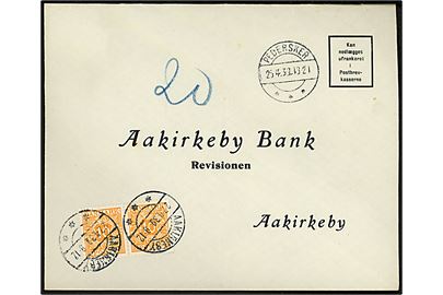 Ufrankeret svarbrev fra Pedersker d. 25.4.1939 til Aakirkeby. Udtakseret i enkeltporto med 10 øre Portomærke i parstykke annulleret Aakirkeby d. 27.4.1939. 