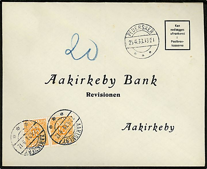 Ufrankeret svarbrev fra Pedersker d. 25.4.1939 til Aakirkeby. Udtakseret i enkeltporto med 10 øre Portomærke i parstykke annulleret Aakirkeby d. 27.4.1939. 