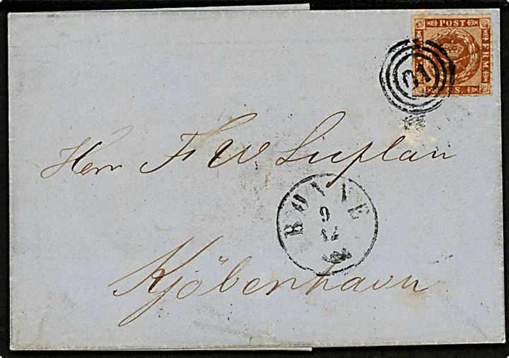 4 sk. Stukken kant på brev annulleret med nr.stempel 61 og sidestemplet antiqua Rønne d. 9.12.1863 til Kjøbenhavn.