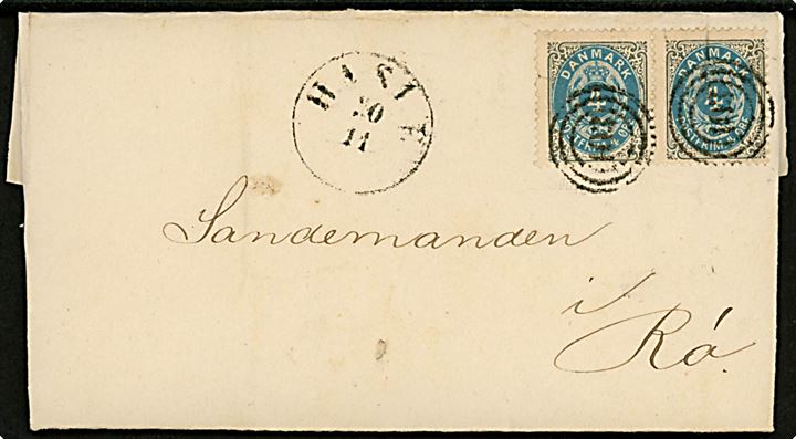 4 øre Tofarvet i parstykke på brev annulleret med nr.stempel 103 og sidestemplet antiqua Hasle d. 20.11.1879 via Allinge til Rø.