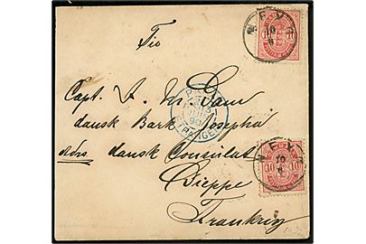 10 øre Våben (2) på brev annulleret lapidar Nexø d. 10.6.1890 via Kjøbenhavn og Paris til Capt. Dam på bark Josepha i Dieppe, Frankrig.