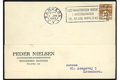 10 øre Bølgelinie på brevkort annulleret med TMS Randers *** / Post-Pakkeportoen nedsat i Nærtrafikken til 40 Øre indtil 5 Kg. d. 1.6.1933 til København. Meget vanskeligt stempel.