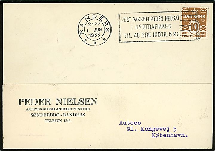 10 øre Bølgelinie på brevkort annulleret med TMS Randers *** / Post-Pakkeportoen nedsat i Nærtrafikken til 40 Øre indtil 5 Kg. d. 1.6.1933 til København. Meget vanskeligt stempel.