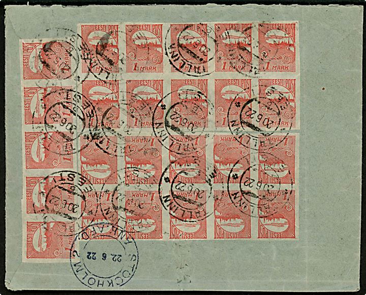 1 mk. Skyline (25) utakket på bagsiden af anbefalet brev fra Tallinn d. 20.6.1922 til Stockholm, Sverige. 