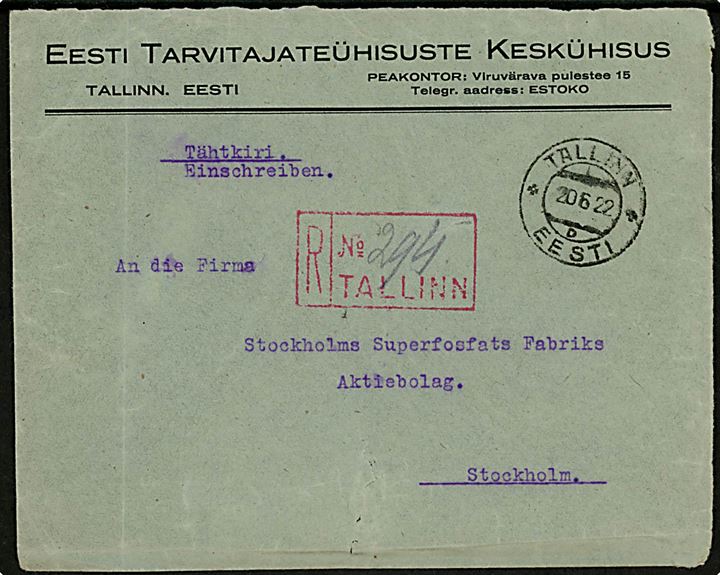 1 mk. Skyline (25) utakket på bagsiden af anbefalet brev fra Tallinn d. 20.6.1922 til Stockholm, Sverige. 