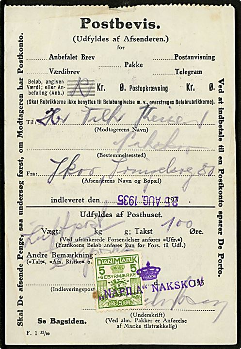 5 øre Gebyrmærke annulleret med kontorstempel (krone) / NAFILA Nakskov på Postbevis F.1 (11/29) for afsendelse af anbefalet luftpost ekspresbrev fra frimærkeudstillingen i Nafila i Nakskov d. 25.8.1935.