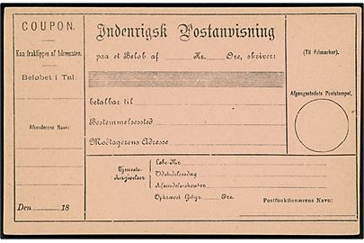 Indenlandsk Postanvisning. Ubrugt formular fra 1800-tallet. 