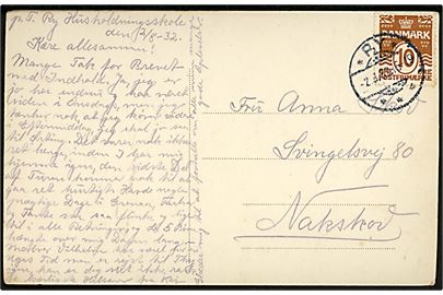 10 øre Bølgelinie på brevkort (Ry Højskole) dateret Ry Husholdningsskole og annulleret med brotype Ic * Ry *
 d. 2.8.1932 til Nakskov.