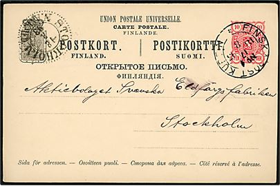 10 pen. Våben helsagsbrevkort fra Åbo annulleret med bureaustempel Finska Post Kupen No. 4 d. 17.8.1893 til Stockholm, Sverige.