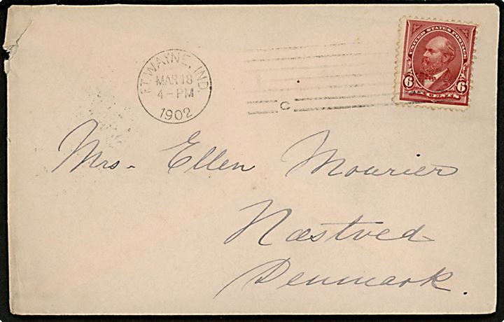 6 cents Garfield single på brev fra Ft. Wayne, Indiana d. 18.3.1902 til Næstved, Danmark. Ank.stemplet i Næstved d. 2.4.1902. 
