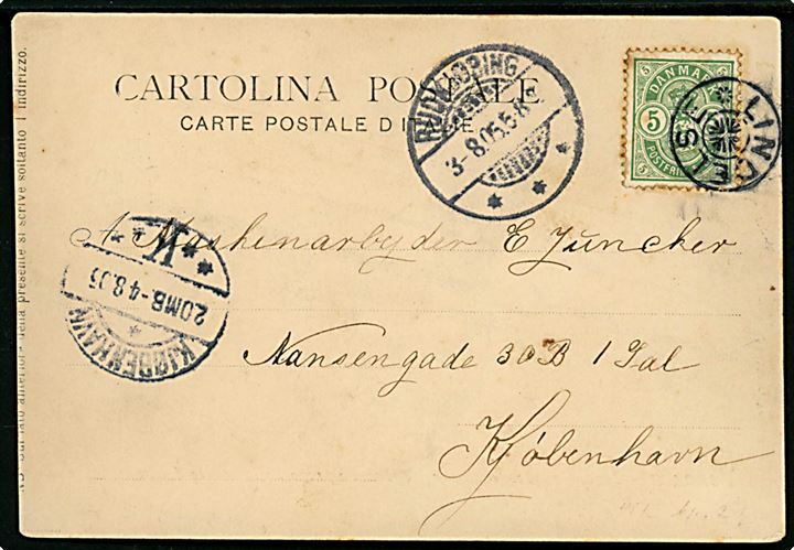 5 øre Våben på brevkort annulleret med stjernestempel LINDELSE og sidestemplet Rudkjøbing d. 3.8.1905 til Kjøbenhavn.