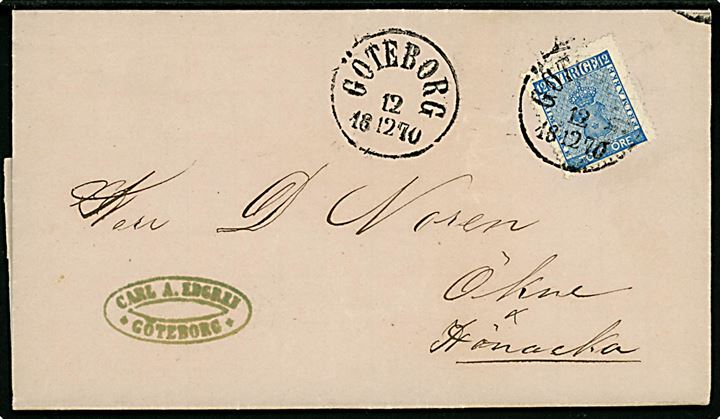 12 öre Våben på brev fra Göteborg d. 12.12.1870 til Ökne.