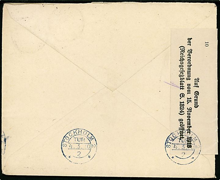 5 pfg. Germania og 25 pfg. Weimar udg. på brev fra Stettin d. 1.3.1920 til Stockholm, Sverige. Åbnet af tysk valutakontrol. Weimar udg. var ikke gyldig til udlandet.
