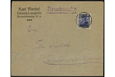 20 pfg. Germania Danzig provisorium single på tryksag fra Danzig d. 13.1.1921 til Linköping, Sverige.