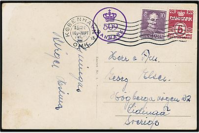 5 øre Bølgelinie og 10 øre Chr. X på brevkort fra København d. 10.9.1945 til Lidingö, Sverige. Dansk efterkrigscensur (krone)/509/Danmark.